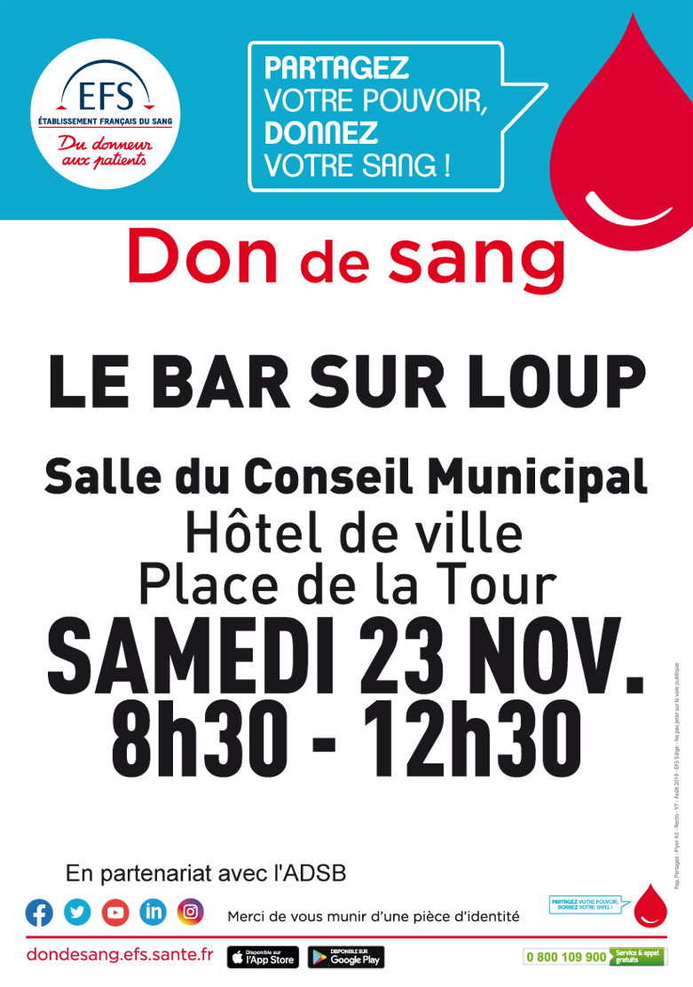 Don du Sang samedi 23 novembre 2019