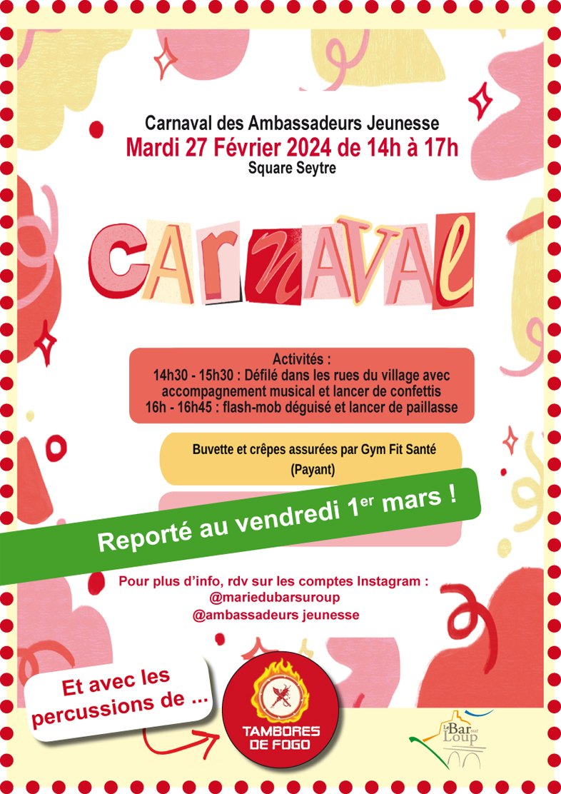 Report du Carnaval des Ambassadeurs Jeunesse à vendredi 1e mars 2024